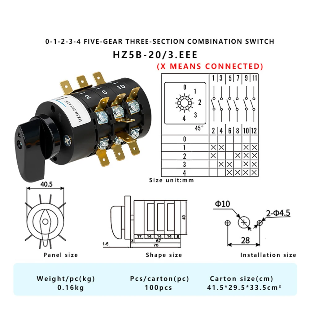 HZ5B Series 20A 380V AC Rotary Cam Switch 5-Position 3-Section for Speed Control Reversing and Starting Machinery Equipment
