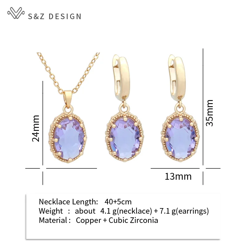 S&Z DESIGN New Fashion Egg Shape Oval Cubic Zirconia Drop Earrings Jewelry Sets For Women Wedding Pendant Necklace Party Gift