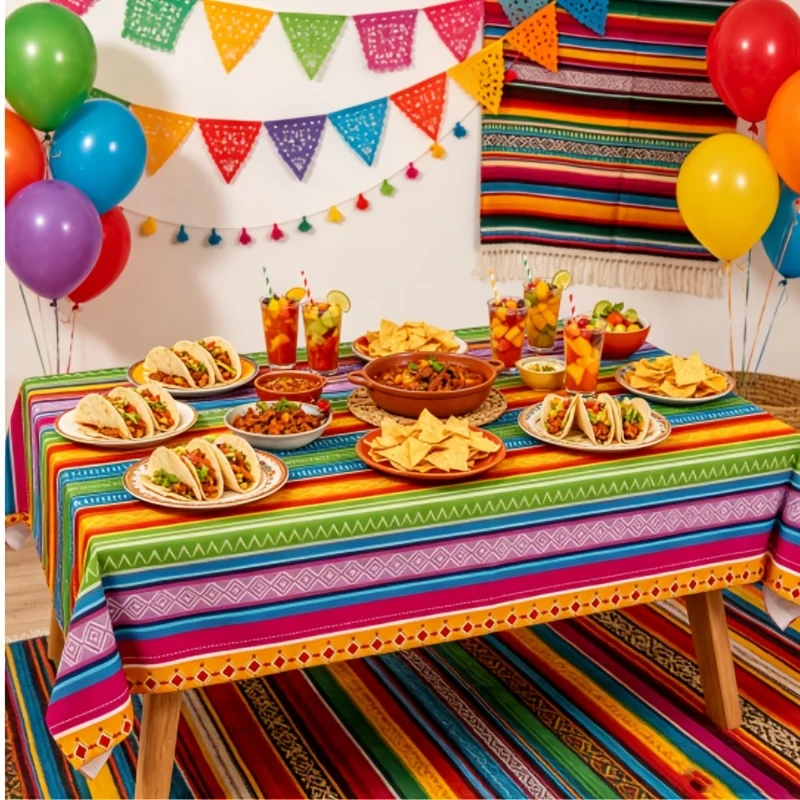 1pc Mexican Serape Style Tablecloth Rainbow Striped Geometric Pattern Table Cover For Fiesta Party Birthday Dinner Decoration Wa