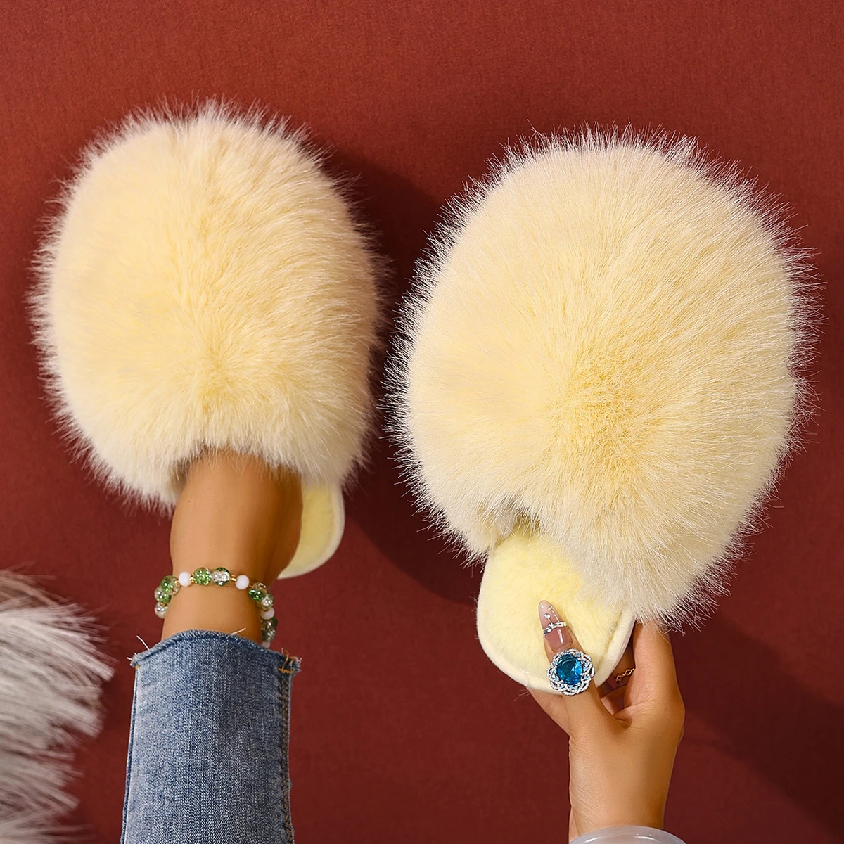 

Women Indoor Slippers Autumn Winter Faux Fur Home Shoes Women Soft Sole Fashion Warm Fluffy Slippers Solid Baotou Slides Women