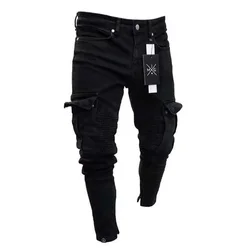 Slim Biker Men pantaloni lunghi strappati in Denim Jeans Skinny tasca pantaloni da Jogging da giovane uomo pantaloni neri elastici distrutti