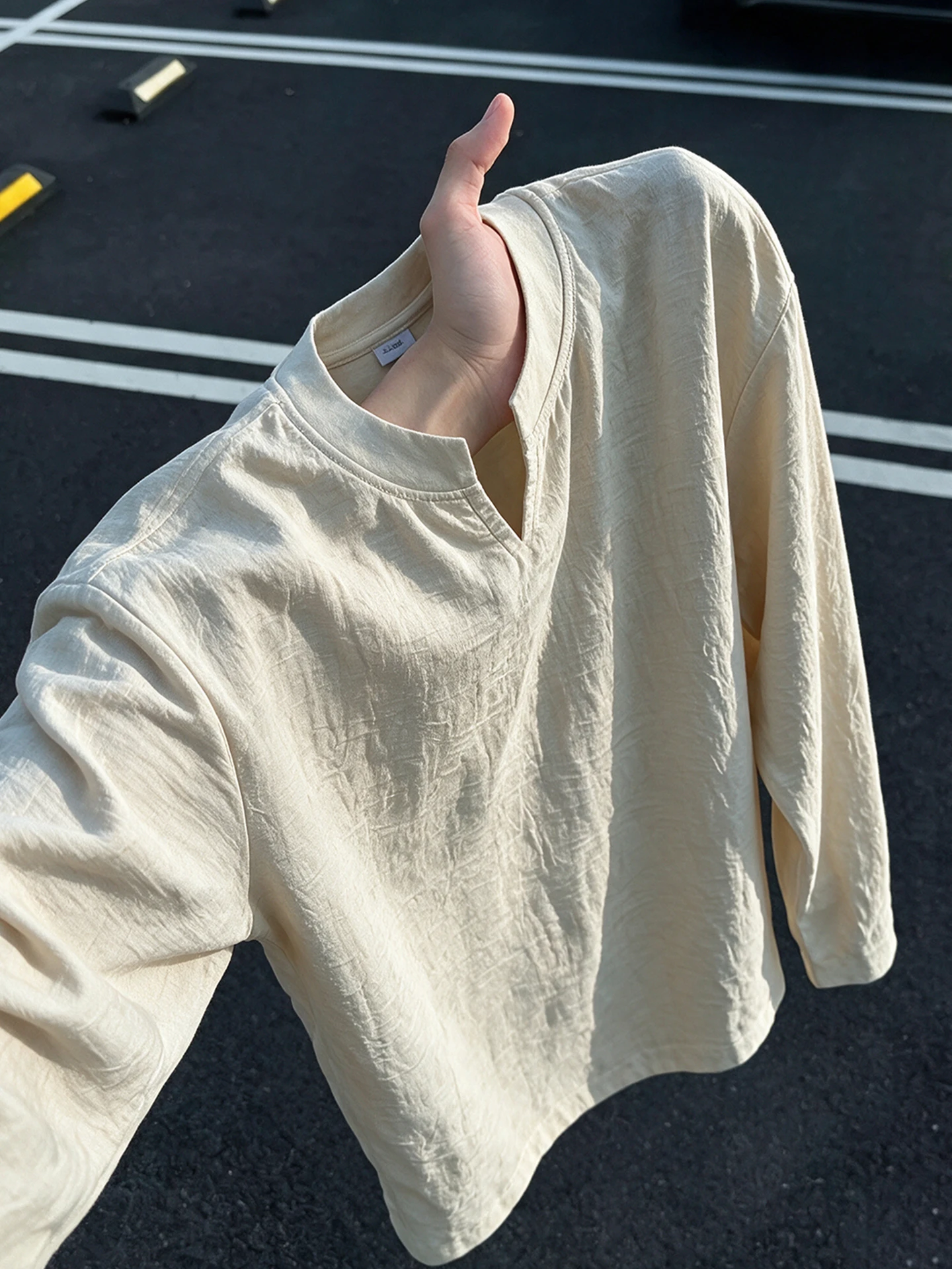 Early Autumn Men's Long Sleeve V-Neck Linen-Like T-Shirt Base Layer Top Peach Color Loose Fit High-End Feeling Inner Wear