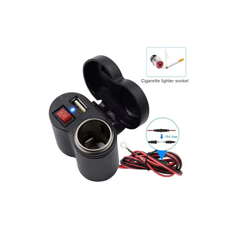 12V Motorcycle Dual USB Charger with Switch, Waterproof Cigarette Lighter Socket, Motorcycle Handlebar Clamp