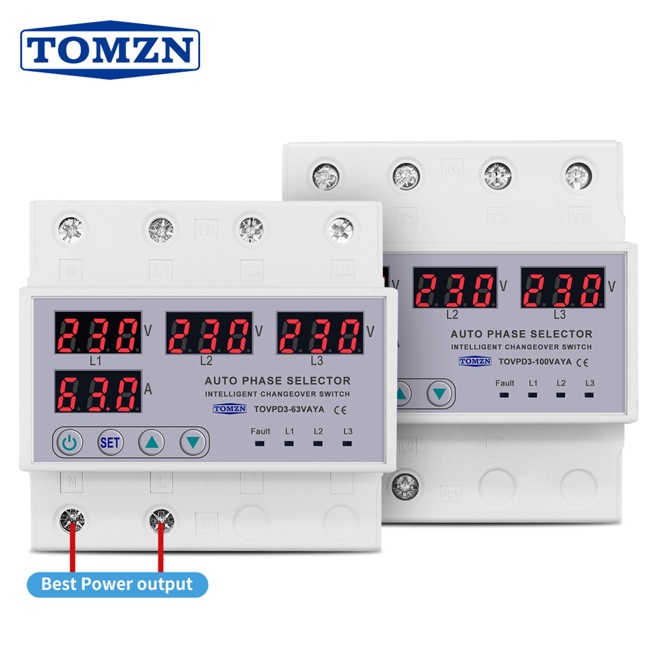  100A 63A 3 phase 3P+N Din rail phase selector adjustable Over and Under Voltage current protection Monitor Relays Protector 