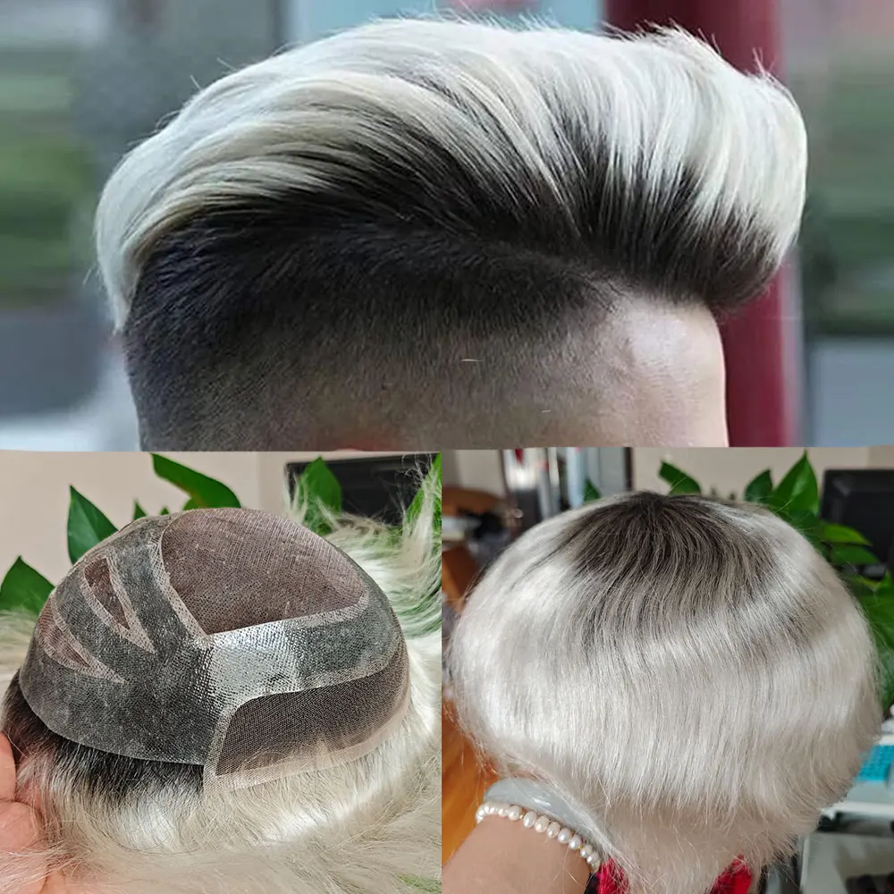 Versalite Style French Lace Front Hair System Natural Hairline Ombre 1BT60R# Skin PU around Toupee Hair Piece for Men