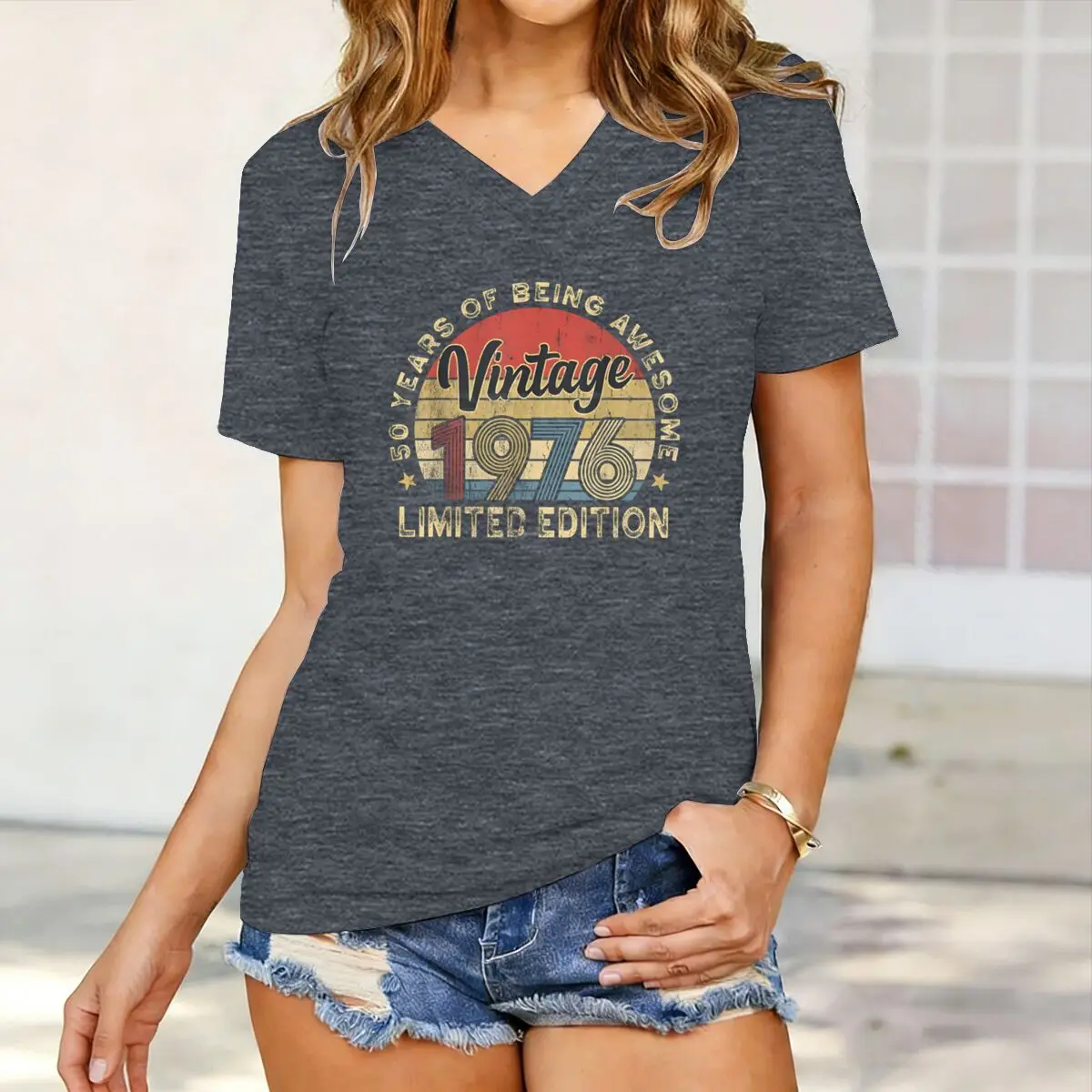 Vintage 1976 50th Birthday Print V Neck T-Shirt Women Retro Casual Tee for Birthday Gift & Daily Wear 1976 Limited Edition Tees