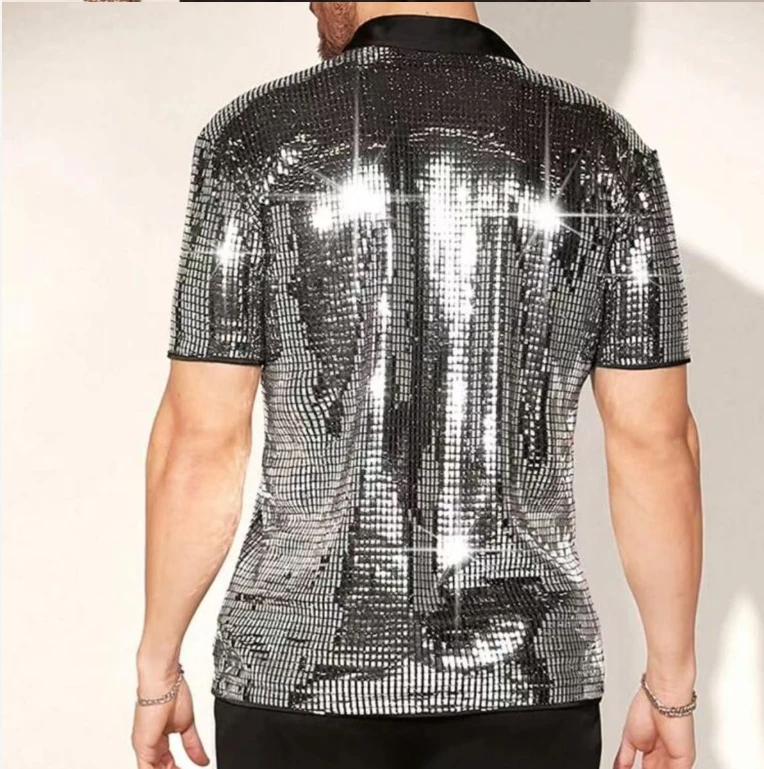 Summer Men's Shirt New Personality Trendy Breathable Sequin Short Sleeve Square Collar Color Block Clothing Stage Shining
