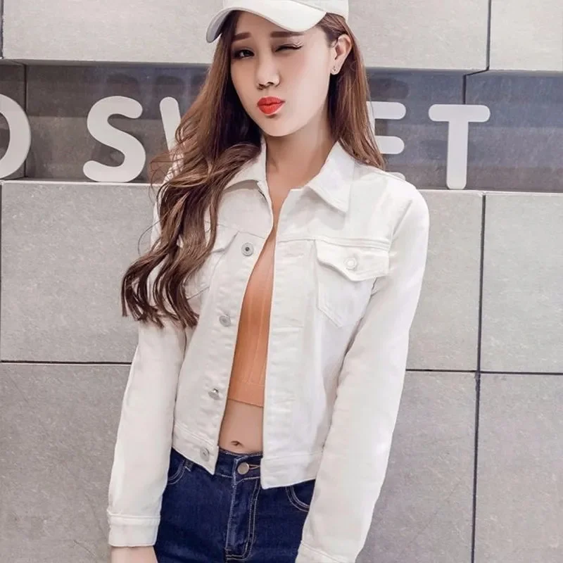 Jaqueta de cowboy feminina curta fino ajuste versão coreana jaqueta nova rosa branco primavera e outono versátil tendência denim jaquetas