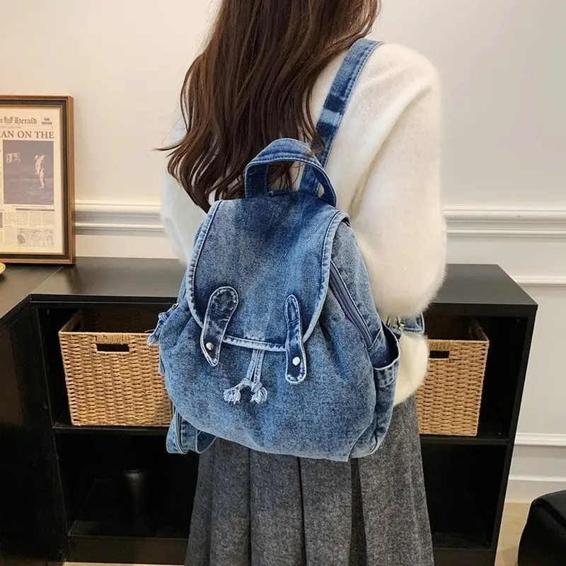 Vintage Washed Denim Backpack Large Capacity Drawstring Rucksack For Women Girls School Travel Ample Storage Space