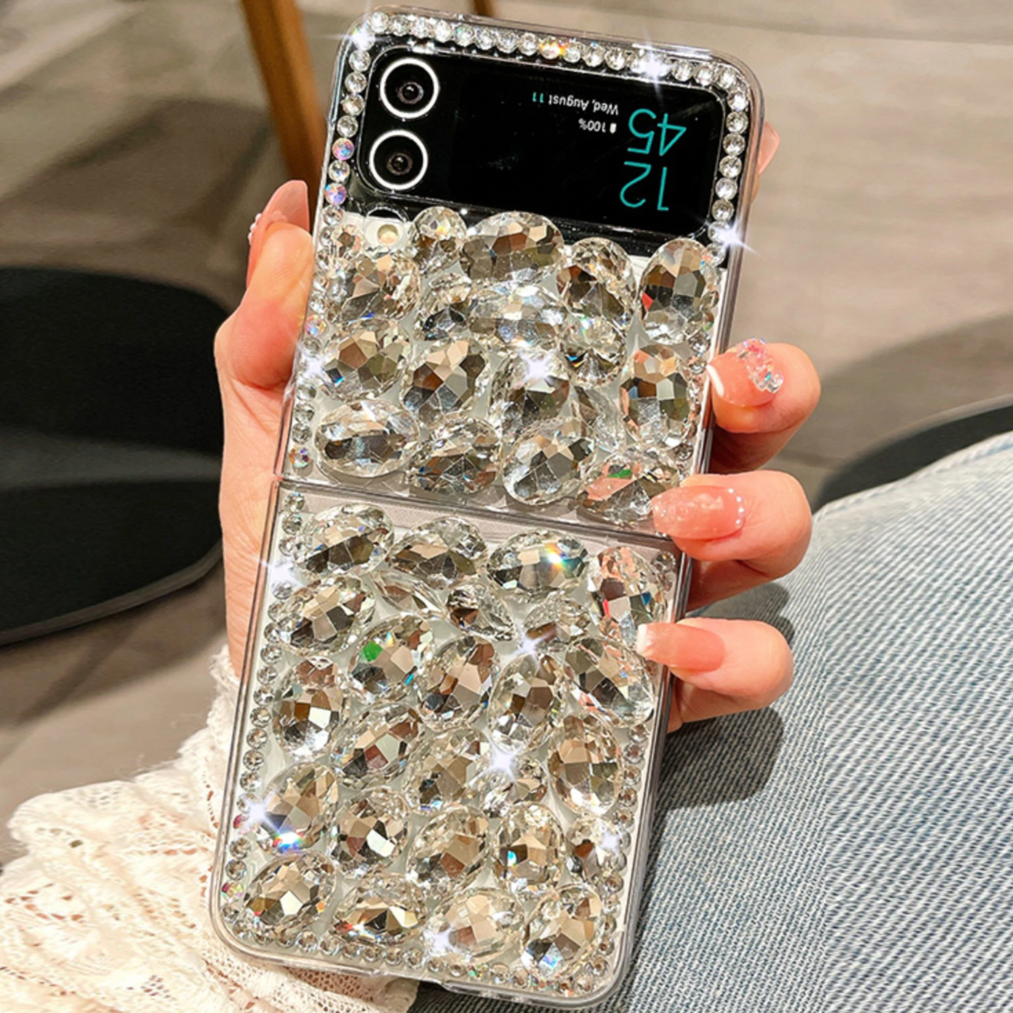 Luxury Glitter Full Diamond Folding Phone Case For Samsung Galaxy Z Flip3 4 5 6 Drop Resistant Premium Phone Case With Chain