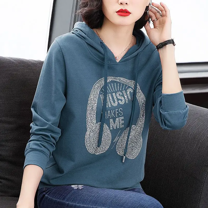 Women\'s Solid Color Hooded Drawstring Hoodies Spring and Autumn Thin Loose New Korean Printed Diamonds Long Sleeve Pullover Tops