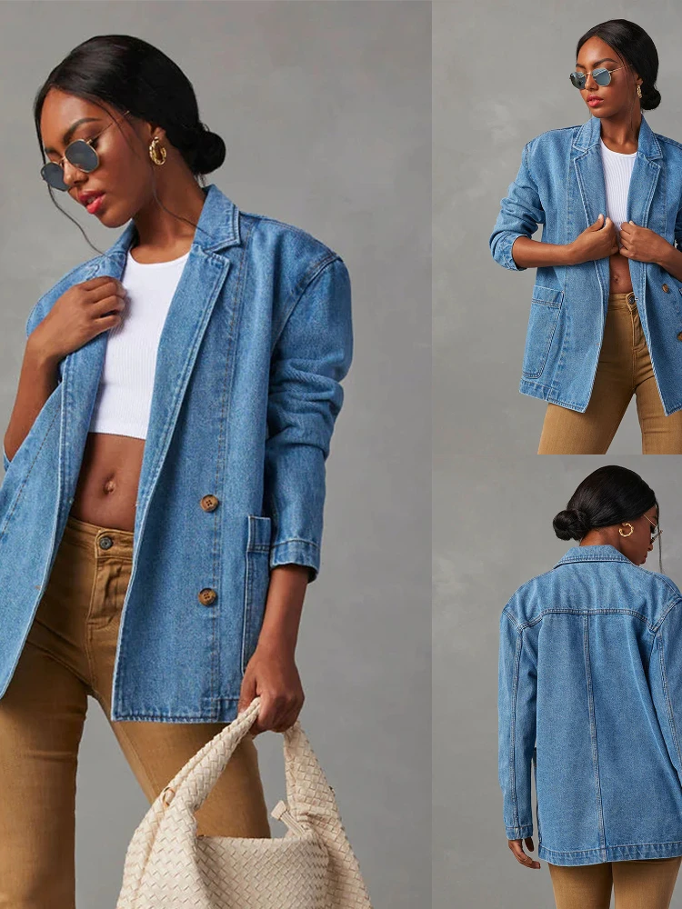 2024 Spring Autumn New Vintage Blue Denim Jacket for Women Turn-down Collar Solid Color Jackets Coat Ladies High Quality Top