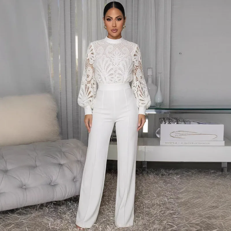 Doyerl Lace Hollow Out White Outfits for Woman Jumpsuits and Rompers Lantern Sleeve Patchwork One Piece Club Outfits Overalls