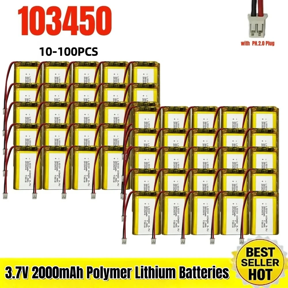 10-100 Stück 103450 3,7V 2000mAh Wiederaufladbare Li-Po Batterie mit JST PH2.0 2-Pin-Anschluss für GPS-Kamera, Navigator, MP5, Bluetooth-Lautsprecher, POS, Dashcam