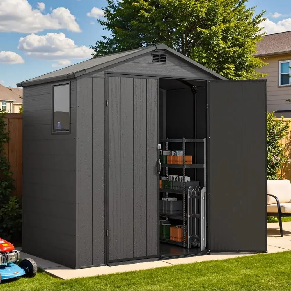 6x4 Outdoor Plastic Storage Shed with Floor, Window, and Lockable Door - Gray