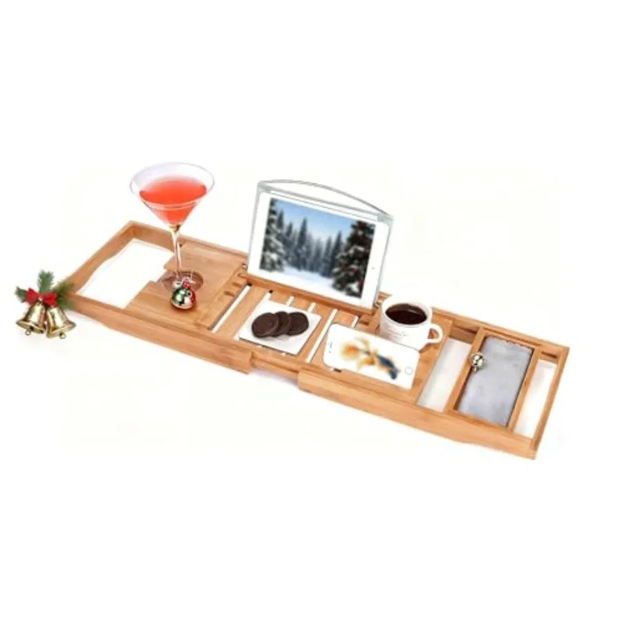 

Bamboo Bathtub Caddy Tray Bath Tray for Tub, Adjustable Bathroom Bathtub Organizer with Book Tablet Wine Glass Cup Towel Holder