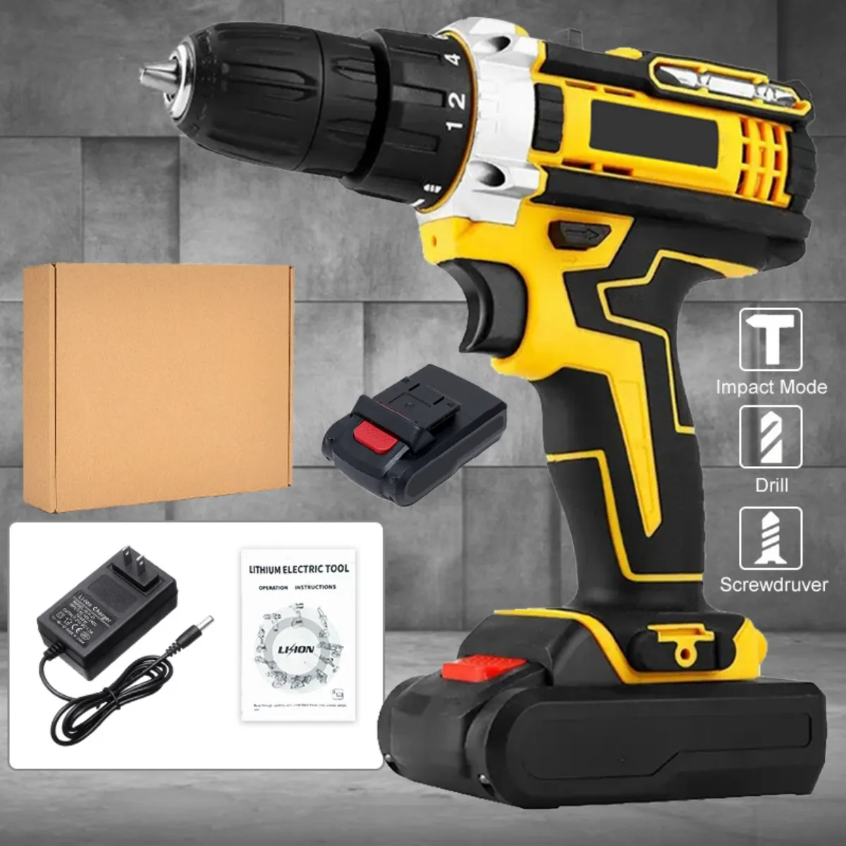 Conjunto de broca sem fio de íon de lítio com bateria e carregador mandril sem chave ajuste de velocidade variável configurações de engrenagem ferramenta elétrica doméstica