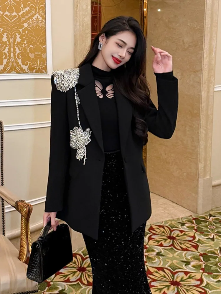 Office Ladies Elegant Suit Jacket Luxury Fashion Diamonds Black