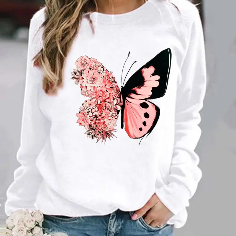 

Pullovers Flower Butterfly Lovely Womens Clothing Ladies Spring Autumn Winter Hoodies Woman Female O-neck Casual Sweatshirts