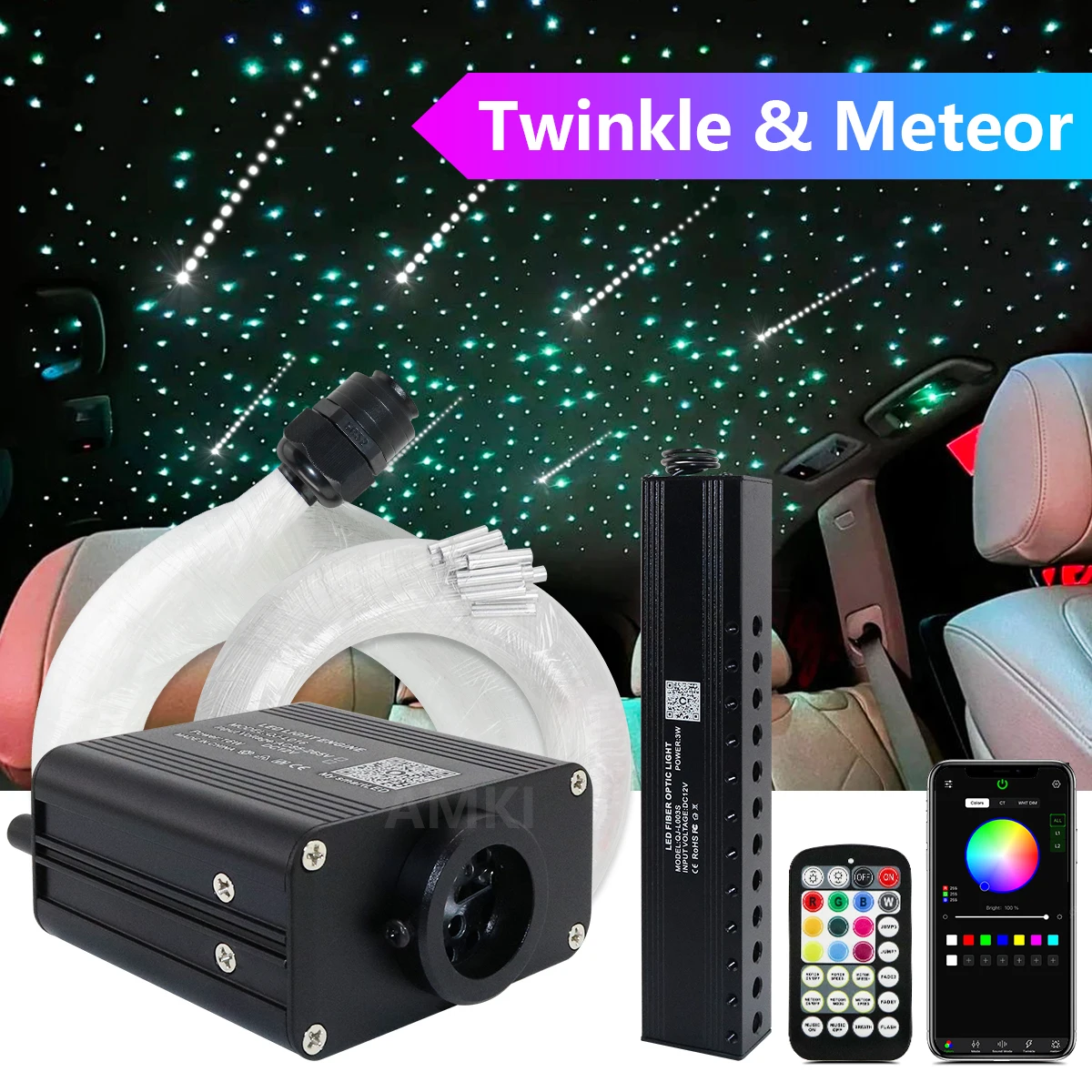 16W RGBW Twinkle Meteor Starry Sky Ceiling APP Shooting Star Car Roof Star Light Car Interior Ambient  Led Fiber Optic Lamps