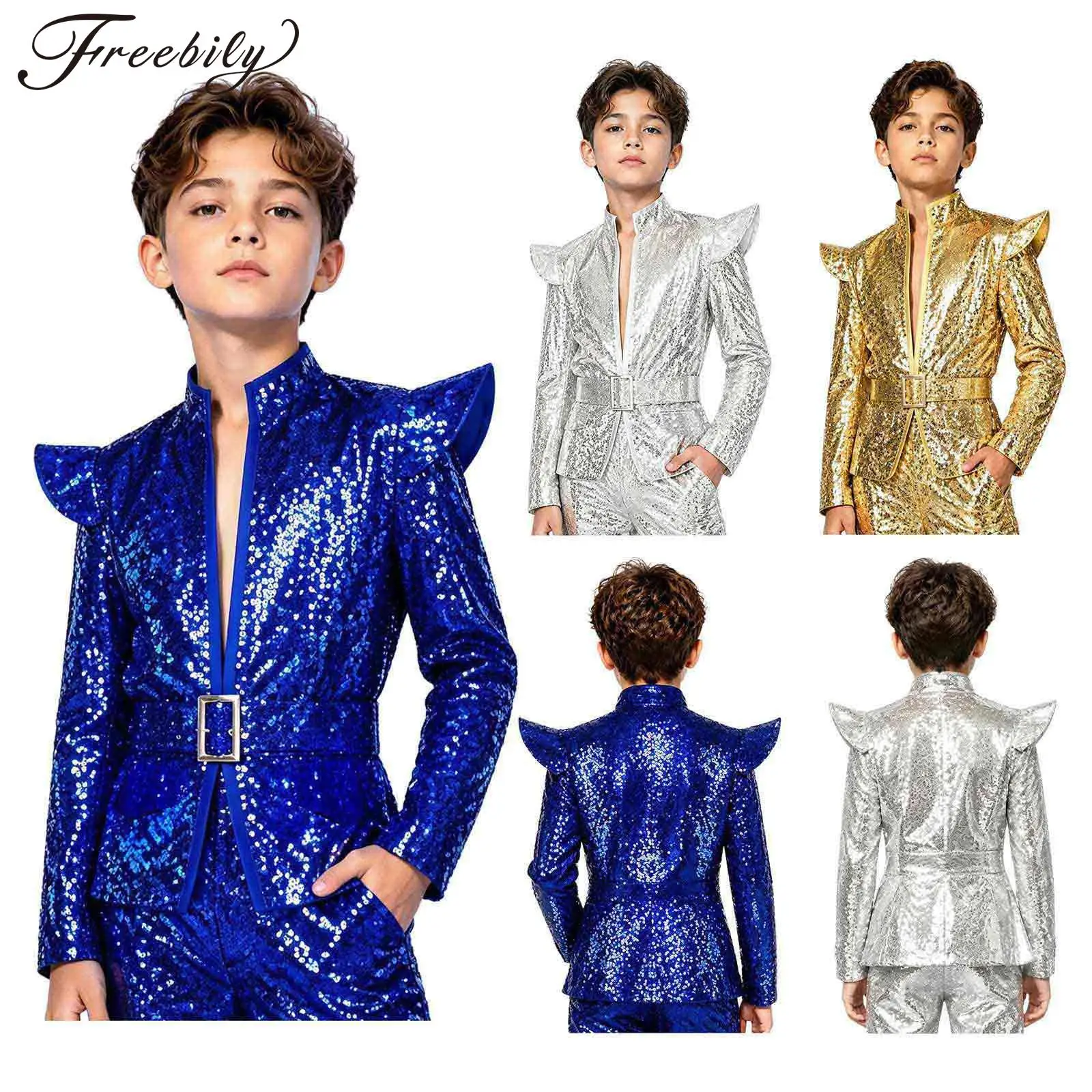 Kids Boys Glittery Sequin Jacket Long Sleeve Stand Collar Shoulder Pad Blazer Coat with Belt Dance Party Performance Outwear