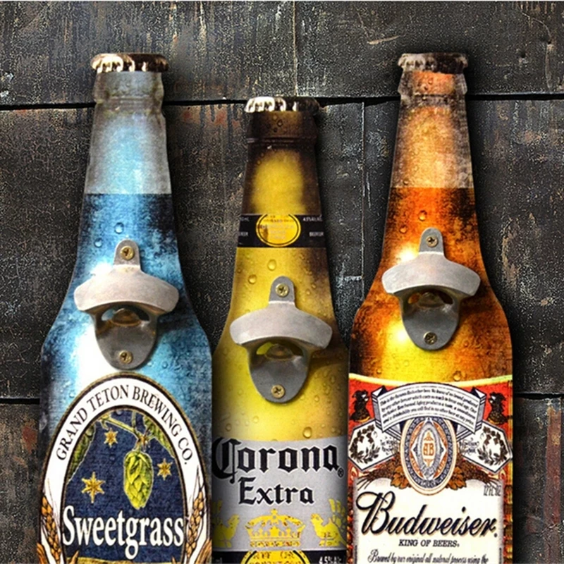 Beer Shaped Wall Bottle Opener Wall Mounted Bottle Openers Wall Mounted Wood Plaques Cap Catcher American Eroupean Vintage Style