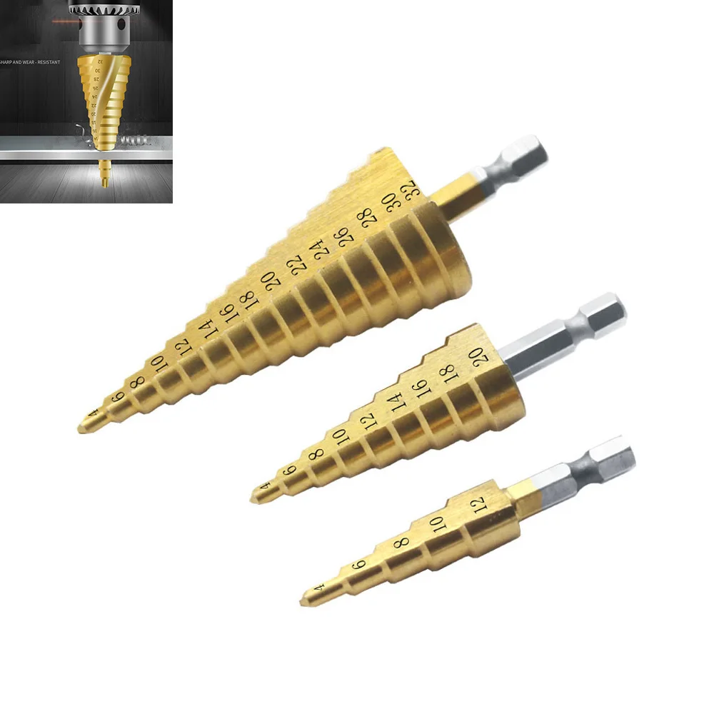 

3pcs Hss Steel Titanium Coated Step Drill Bits 4-12mm 4-12mm 4-20mm Step Cone Cutting Tools Steel Wood Metal Drilling Power Set