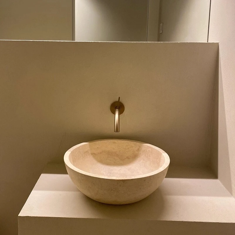 

Natural travertine round integrated wash basin on top basin toilet bathroom washbasin