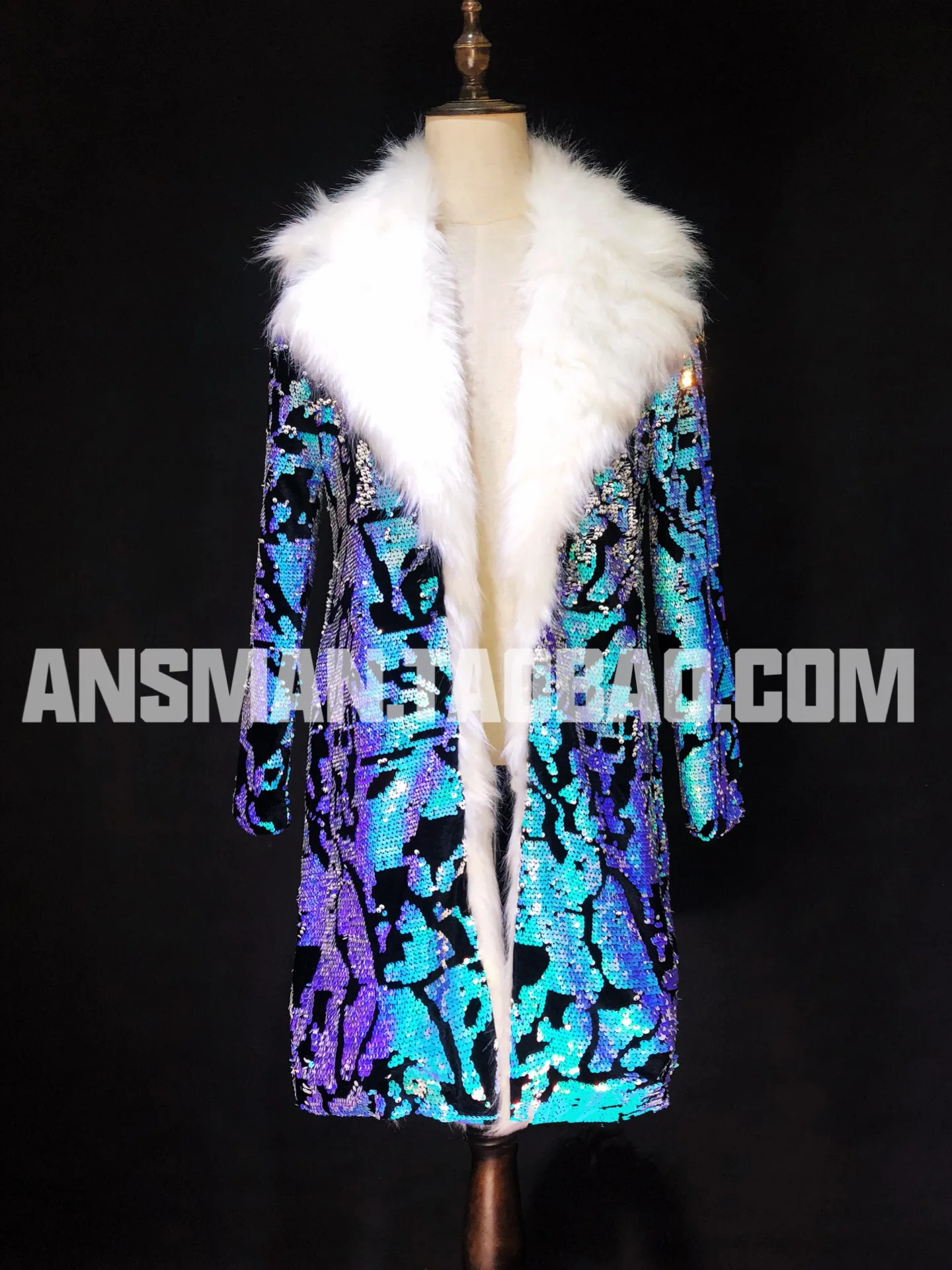 

Luxury Blue Colorful Sequins Fur Jacket Fashion Bar Nightclub Male Performance Hip Hop Stage Costume Men Slim Windbreaker Coat