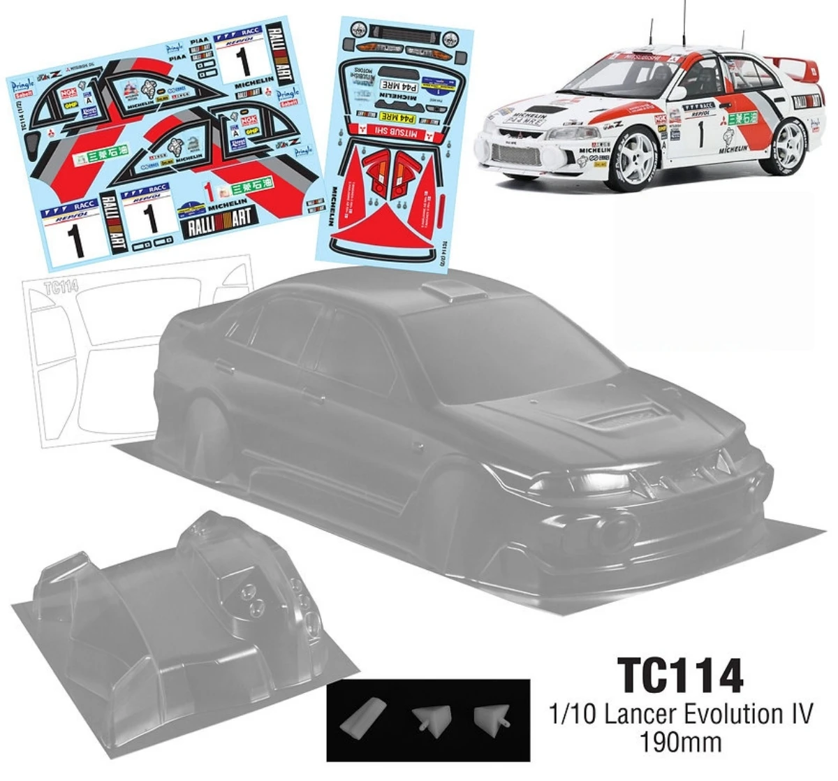 

Радиоуправляемая модель автомобиля Lancer Evolution IV в масштабе 1/10, ширина 190 мм, прозрачный корпус из поликарбоната, в комплекте с фарами и наклейками.