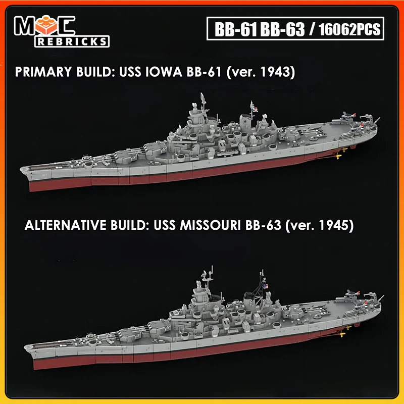 

WW2 Military Cruiser USS Lowa BB-61 & USS Missouri BB-63 Battleships Technology Building Block Model Kid's Bricks Toys Xmas Gift