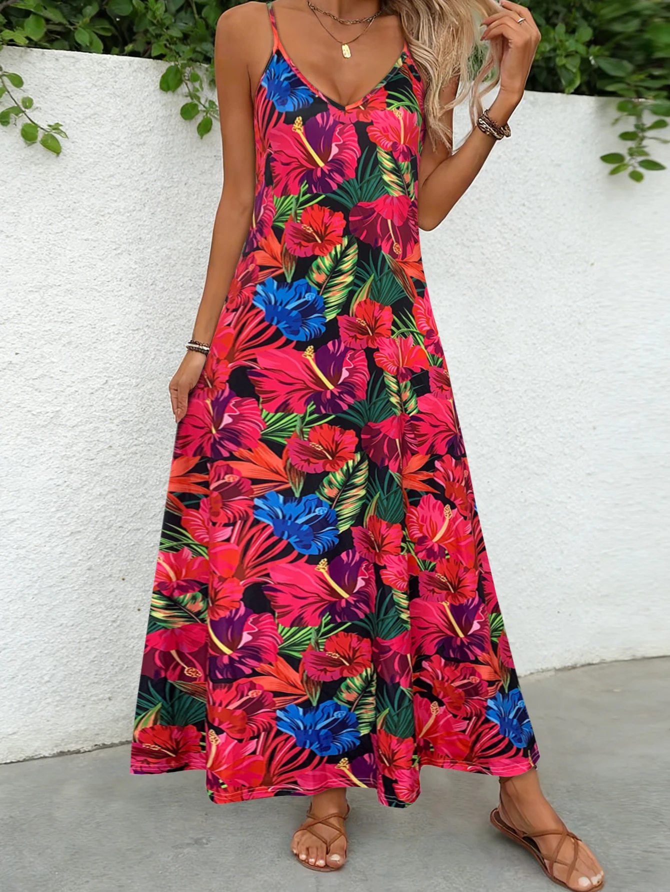 Women's Tropical Hibiscus Floral Print Spaghetti Strap Maxi Dress, V Neck Loose Flowy Sundress,Beach Vacation Daily Long Dresses