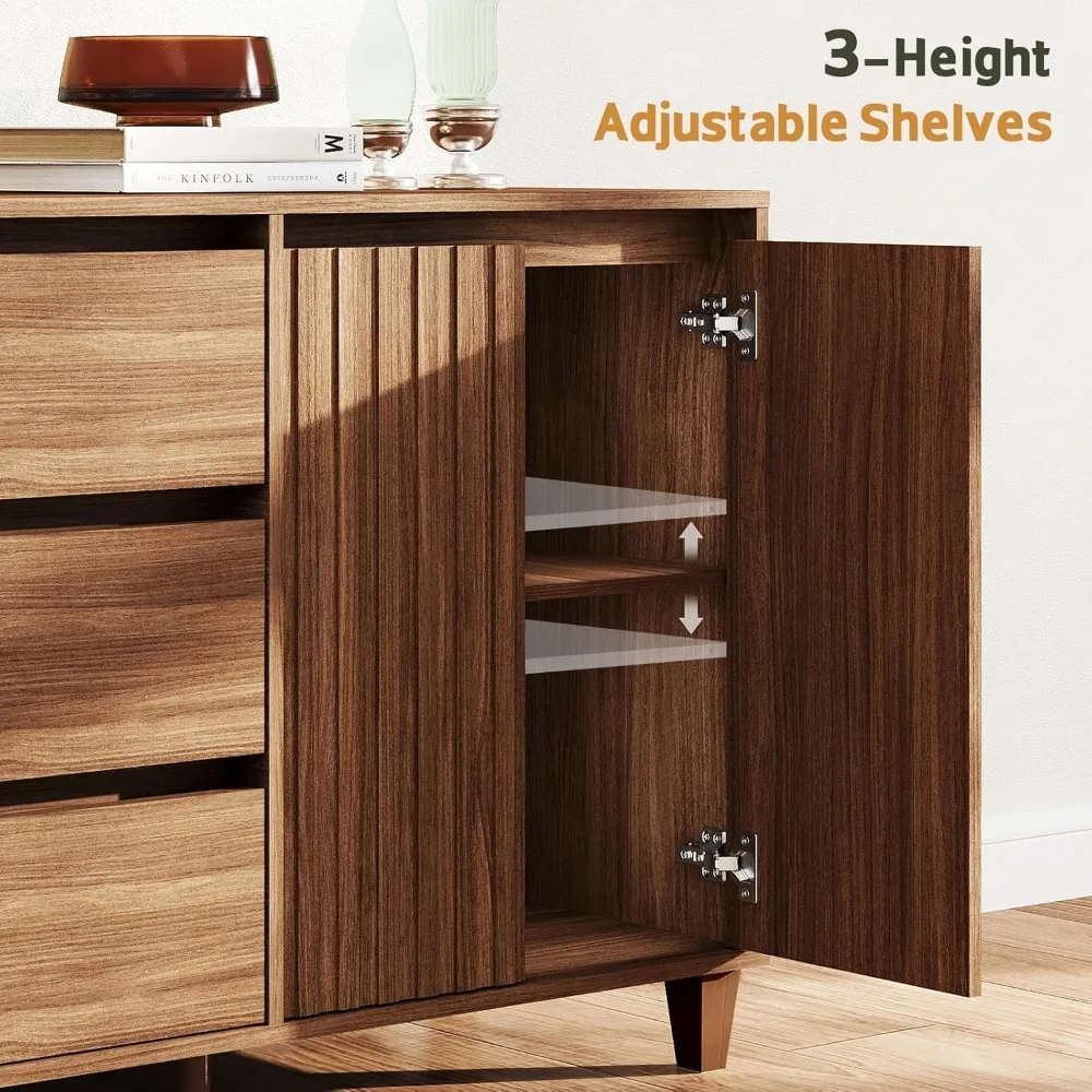 خزانة بوفيه جانبية مع مساحة تخزين - خزانة بار قهوة من خشب الجوز مع 3 أدراج وبابين، خزانة تخزين مخددة للمطبخ،