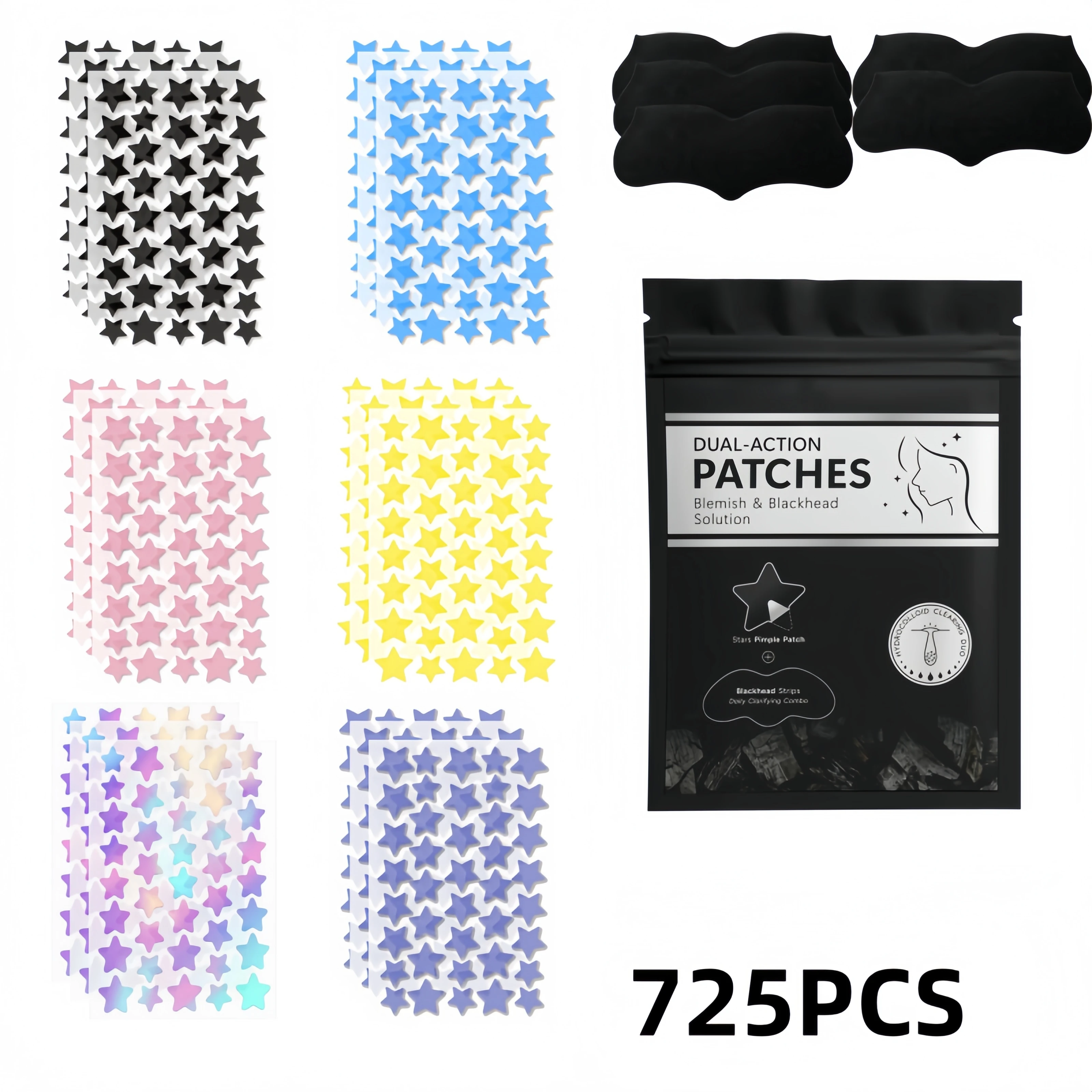 725/1210Pcs Multicolor Star Facial Stickers with Black Nose Strips, Cute Beauty Accessories for Teens