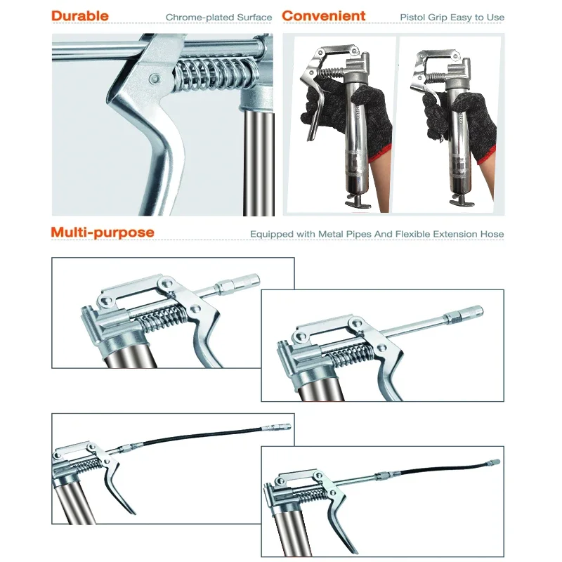 Grease Gun 3000 PSI Pistol Grip 3 oz Load 18Inch Spring Flex Hose 2Grease Couplers 2Extension Rigid Pipes and 1Sharp Type Nozzle