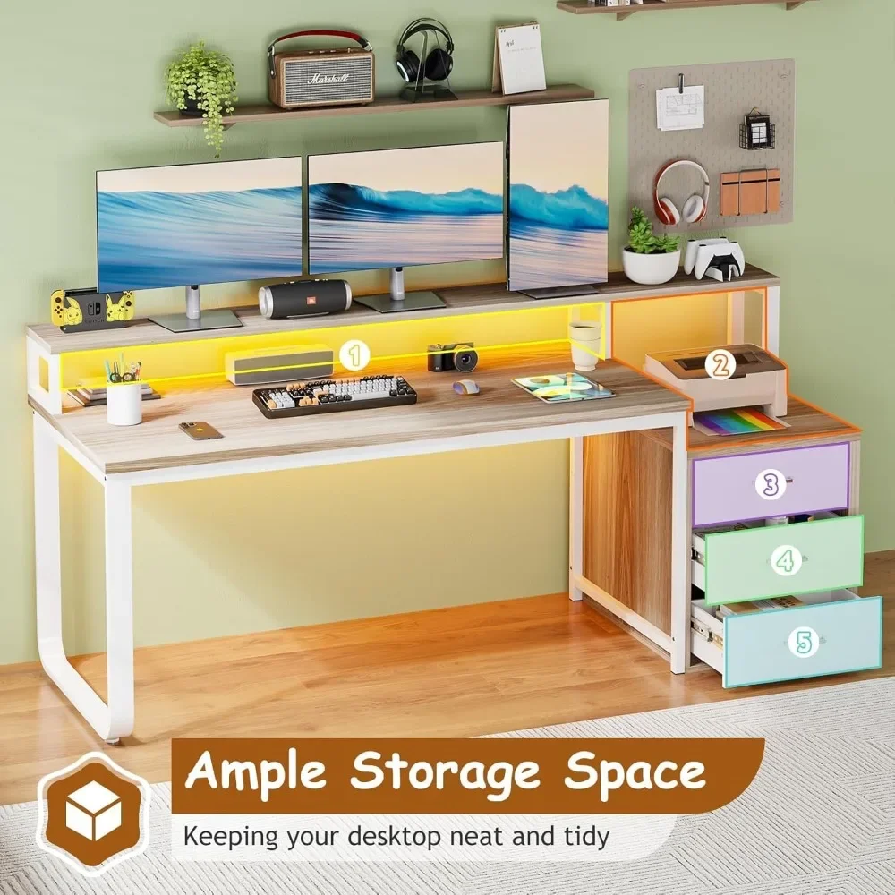 

67 computer desk with 3 drawers, home office desk with long monitor stand and printer space, office desk with storage and L