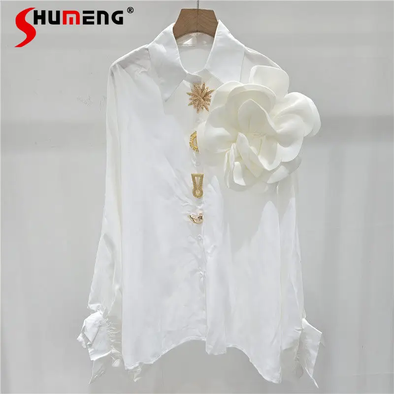 

Women's 2026 Early Spring New Three-Dimensional Button Floral Unique Versatile Tops Elegant Long Sleeve Solid Color Chic Shirts