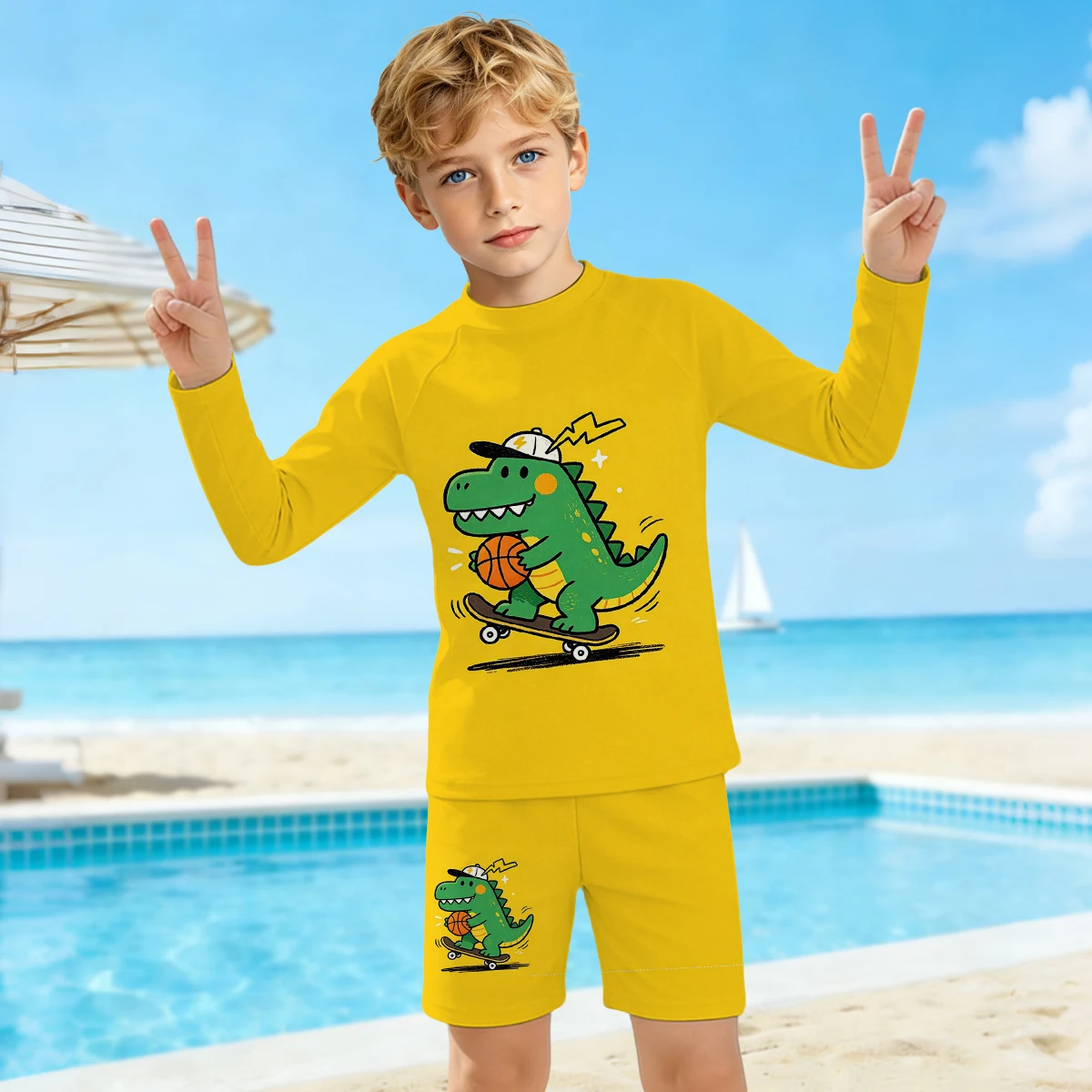 Boys' Summer Dinosaur Fashion Two piece Long sleeved Swimsuit