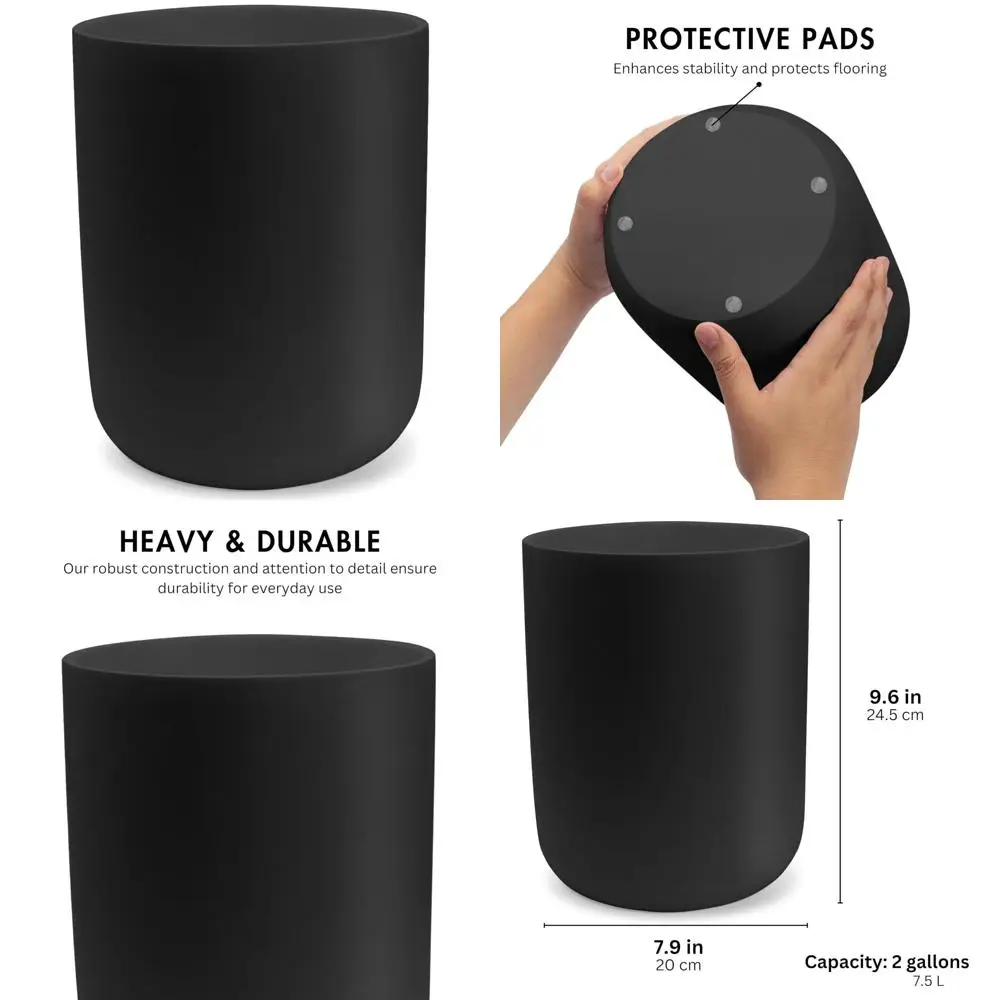 

Compact 2 Gallon Matte Black Round Mini Trash Can - Small Wastebasket for Bathroom, Office, Desk, Bedroom Use