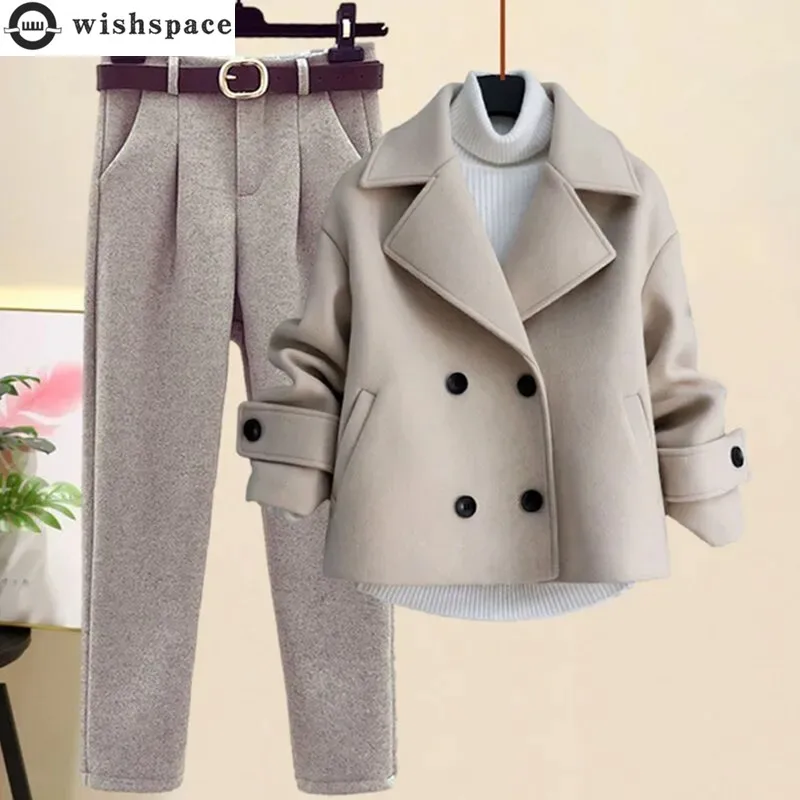 2024 Autunno Inverno Abito di lana Giacca Giacca a maniche lunghe Maglione lavorato a maglia Pantaloni casual Set di tre pezzi Set di pantaloni da donna eleganti