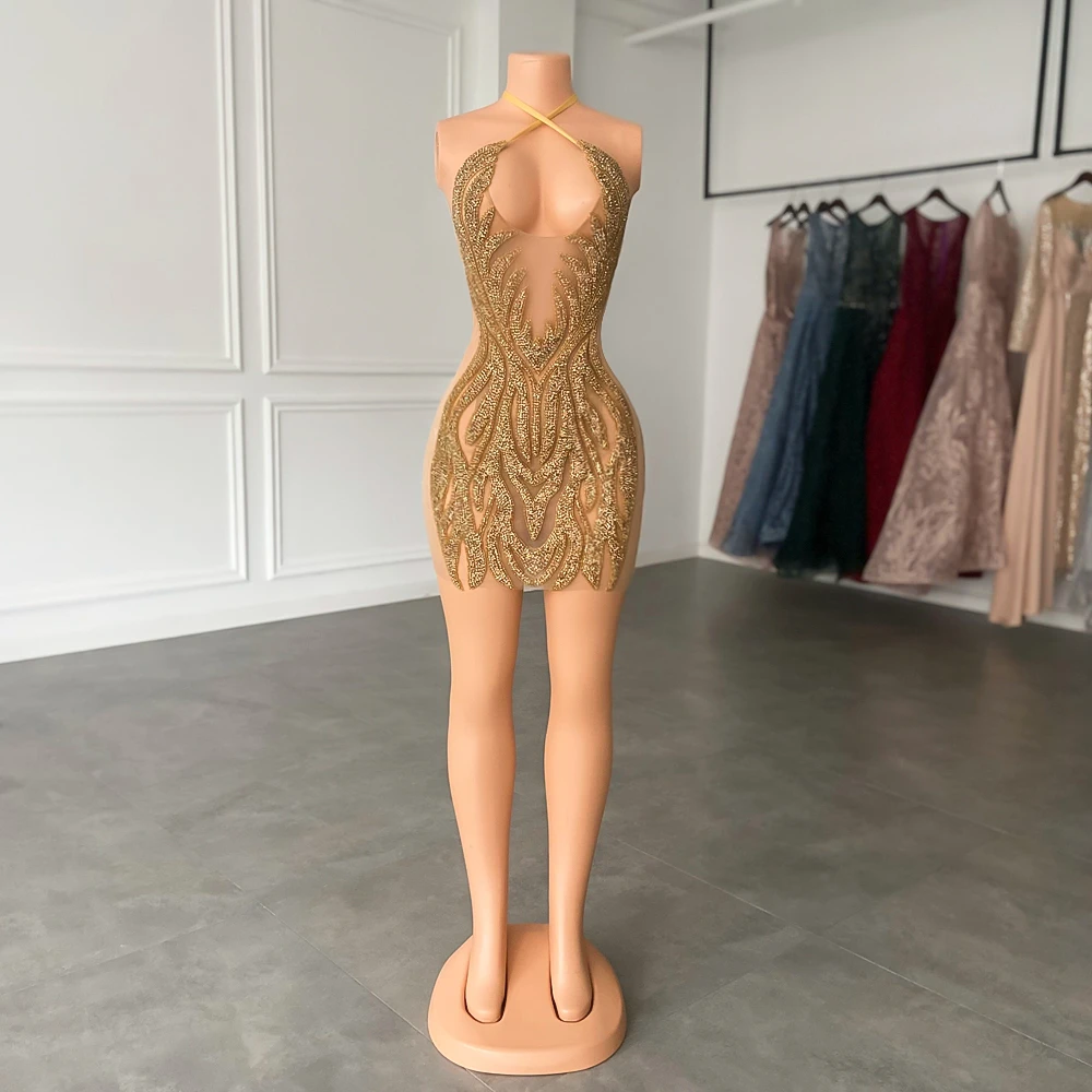 

Sexy See Through Halter Women Cocktail Formal Gowns Gold Diamond Black Girls Short Prom Dresses 2023 For Birthday Party