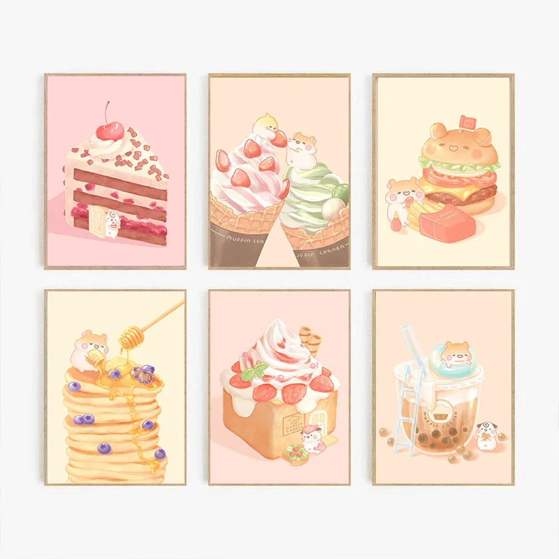 Food Cute Desserts Ice Cream Bread Muffin Sandwich Cake Poster Print Wall Art Pictures Canvas Painting Living Room Home Decor