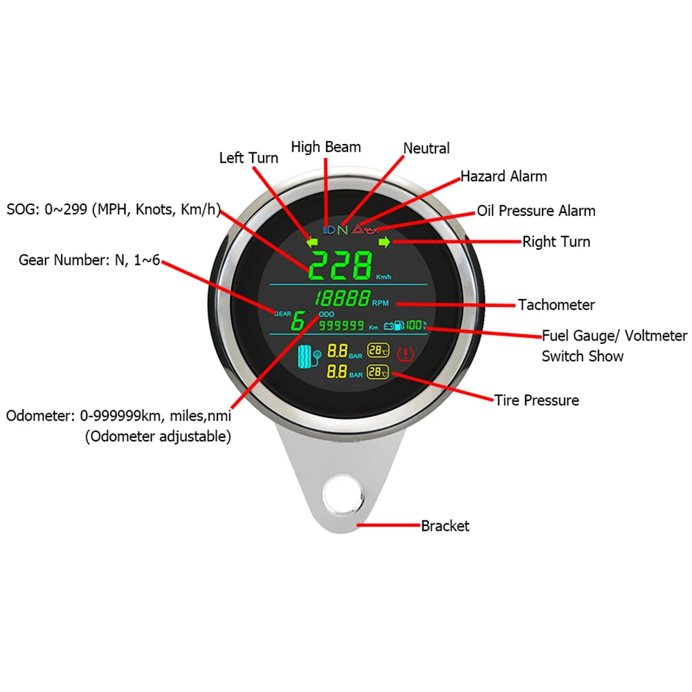 Motorbike Universal 85mm Digital GPS Speedometer Odometer RPM Voltmeter Fuel Level with Tire Pressure Temperature Alarm 9-32V