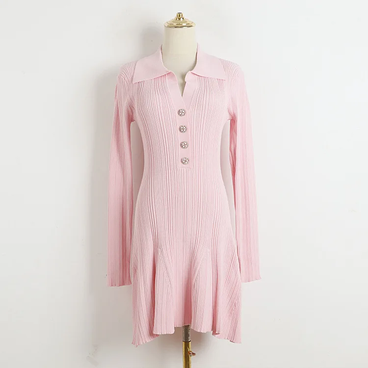 

2026 Spring/Summer New Arrival Women's Lapel Long Sleeve Waist-cinching Mini Dress French Fashion Stretch Bodycon Knit Dress