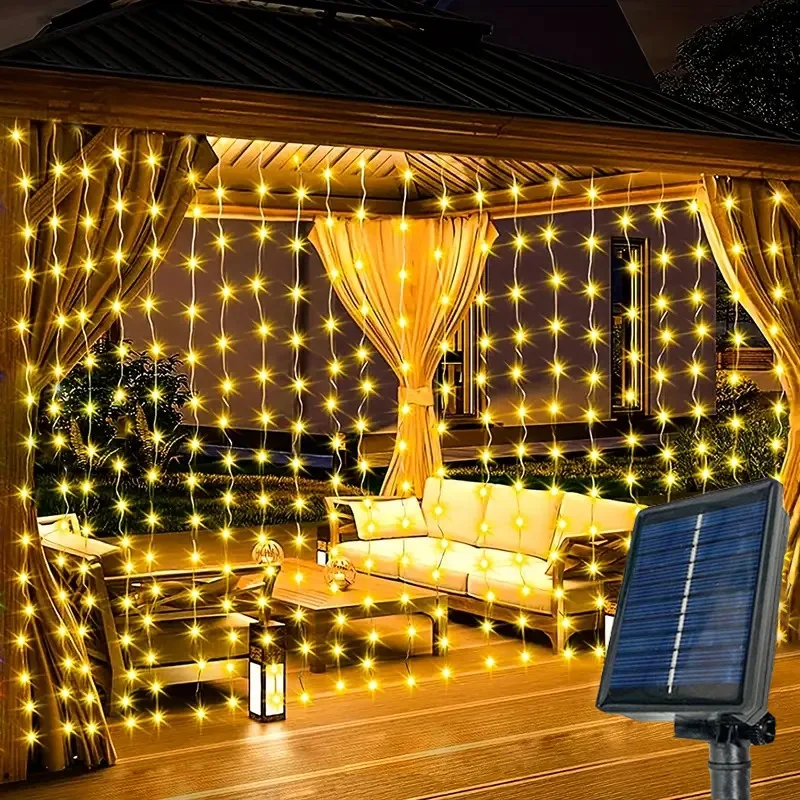 

Solar LED Curtain String Lights Outdoor Christmas Lighting Fairy Great for Wedding Birthday Party Patio Garden Decoration