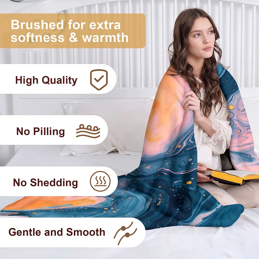 blue orange fluid marble Soft Warm Flannel Blanket Lightweight Cozy Christmas Halloween Home Decor Room