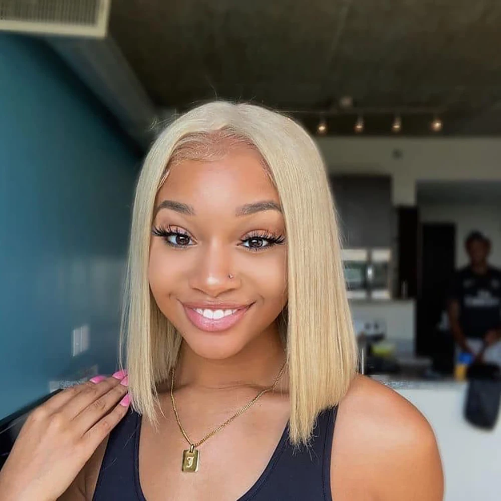 

613 Блондинка Боб Человеческие Волосы Парик Фронта Шнурка 13x4 Прозрачные Светлые Парики Фронта Шнурка Предварительно Сорванный Парик Человеческих Волос