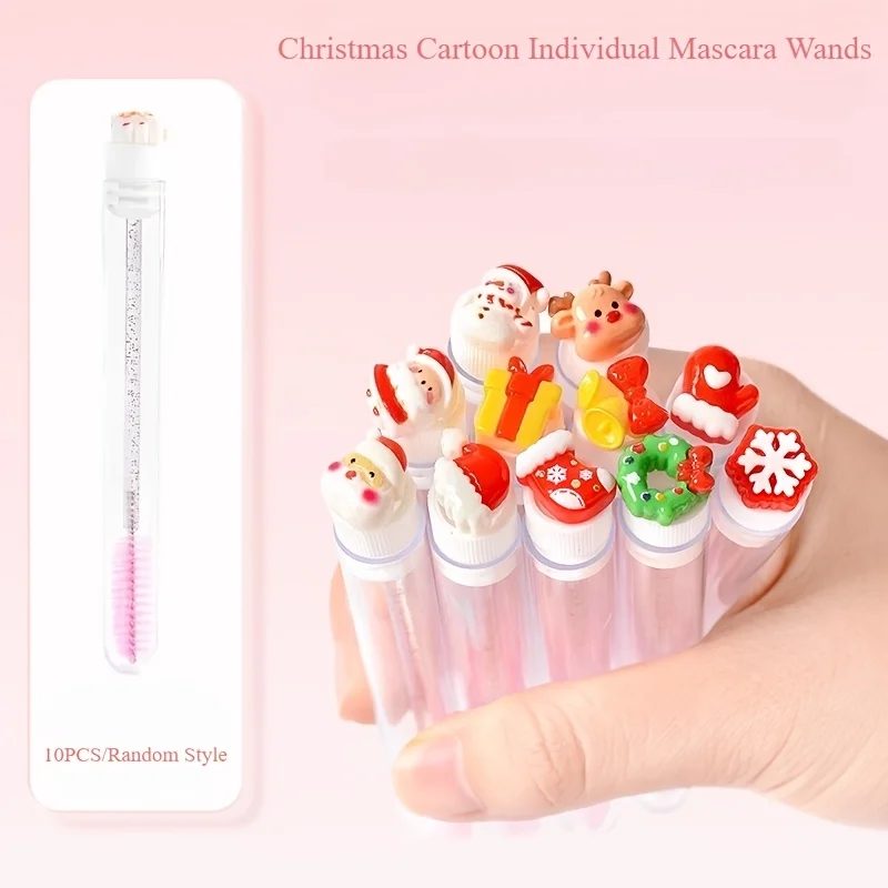 10pcs Christmas Eyelash Brushes Set - Santa Snowflake Design Mascara Wand, Eyebrow Comb, Makeup Applicator - Festive Beauty Gift