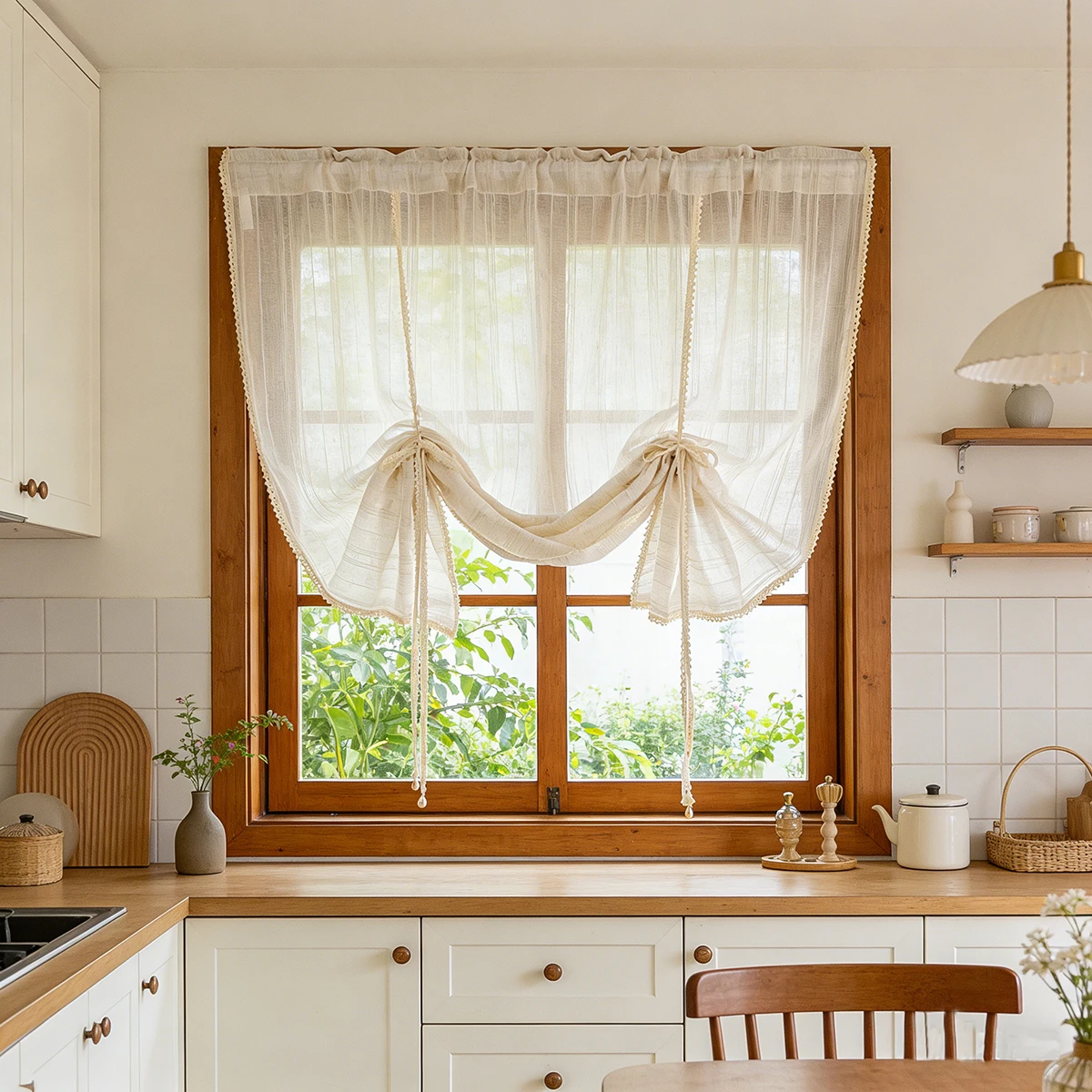 Japanische Retro-Streifen-Vorhänge mit verstellbarem Schnürsystem, Perlen- und Tropfenförmigen Seilanhängern, Boho-Transparente Vorhänge für kleine Fenster