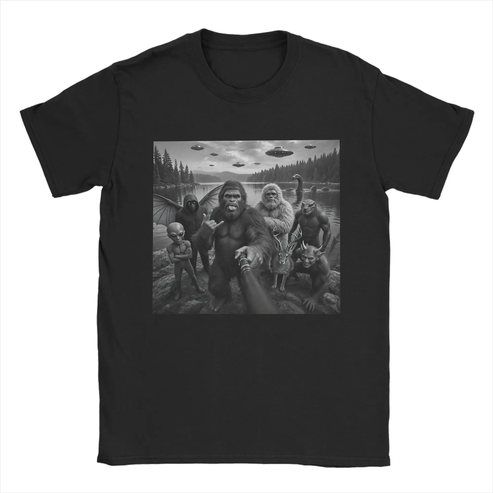 Bigfoot Alien Loch Ness Monster UFO Cryptids Selfie T-Shirt Men Women Funny 100% Cotton Tee Shirt Crew Neck Short Sleeve T Shirt